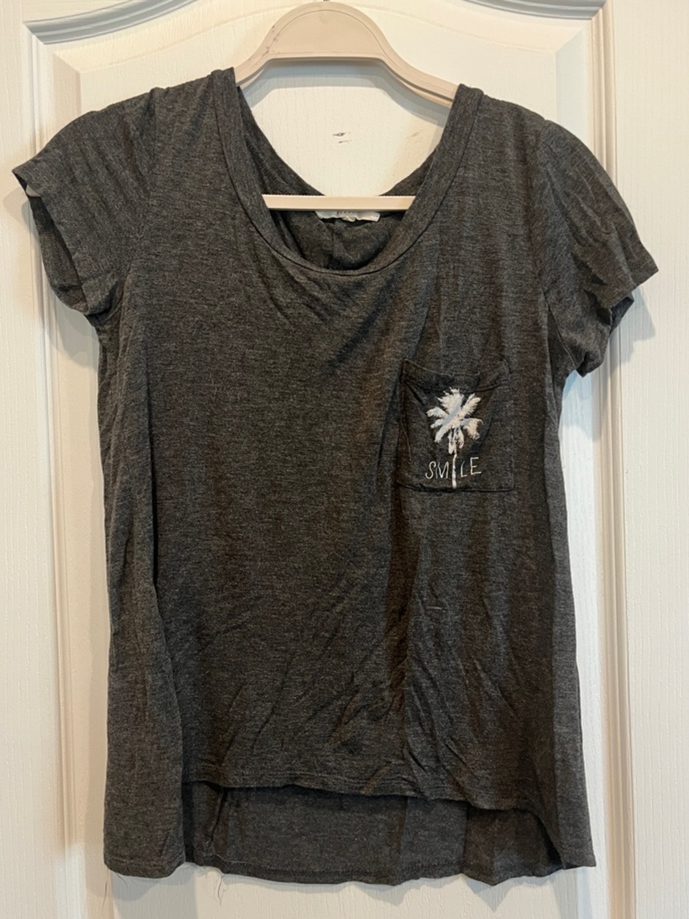 Women's Charcoal Pocket Tee with Palm Embroidery - Smile